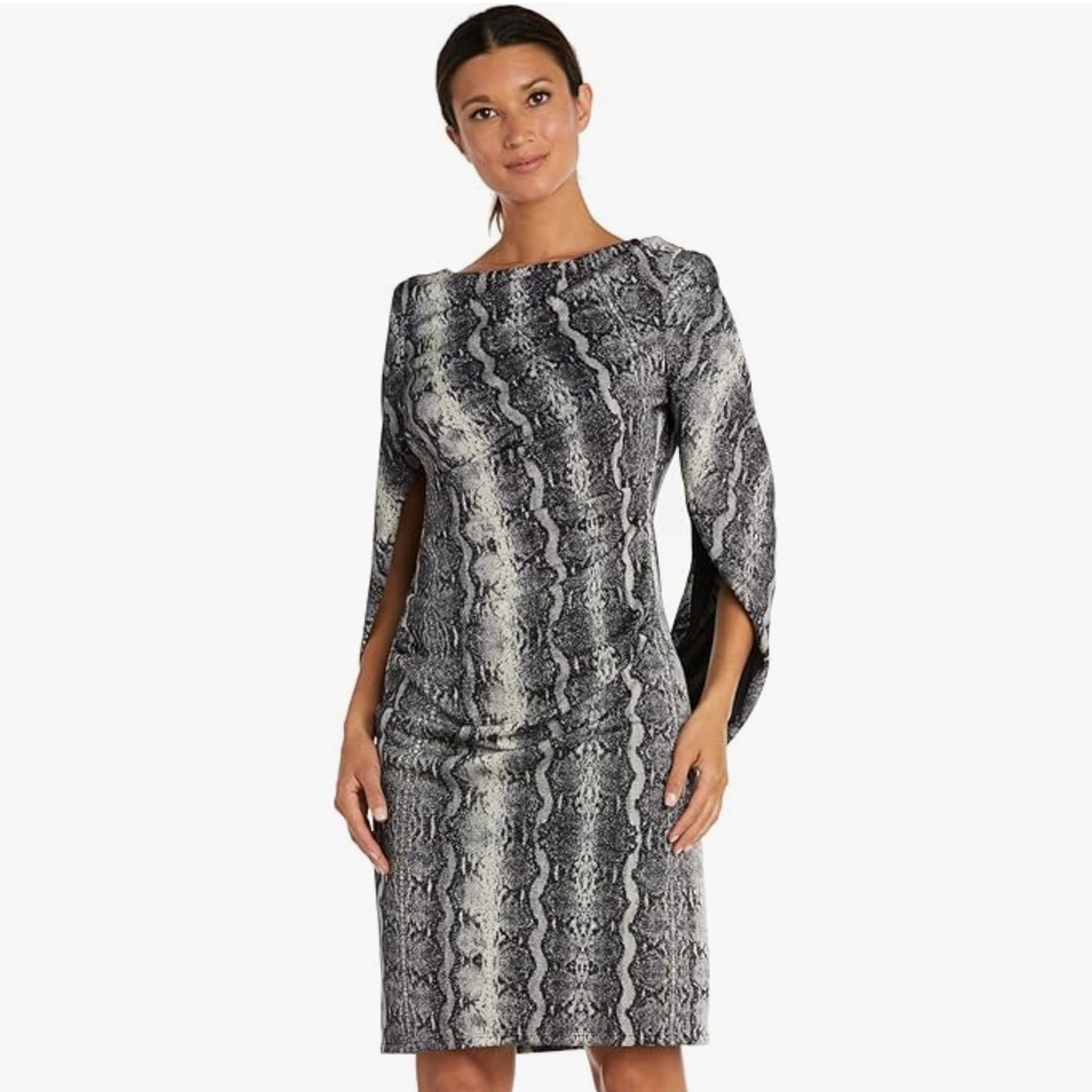 R&M Richards Black and Gray Snake Print Long Sleeve Dress